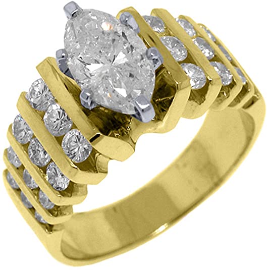 14k Yellow Gold 2.77 Carats Marquise & Brilliant Round Diamond Engagement Ring