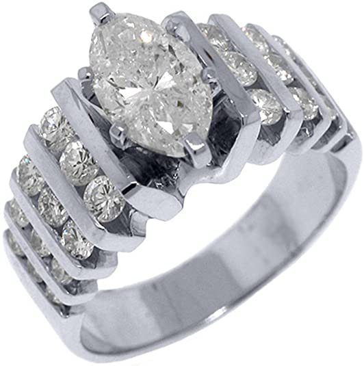 14k White Gold 2.77 Carats Marquise & Brilliant Round Diamond Engagement Ring