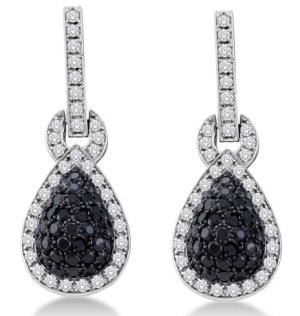 14K White Gold Large Micro Pave Set Round White and Black Diamond Pear Shape Dangle Earrings