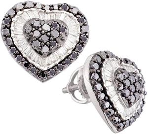 Black Diamond Earrings Solid 14k White Gold Heart Studs