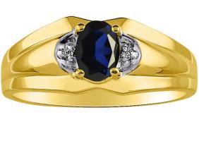 Mens Sapphire & Diamond Ring 14K Yellow Gold Band