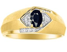Mens Sapphire & Diamond Ring 14K Yellow Gold Band