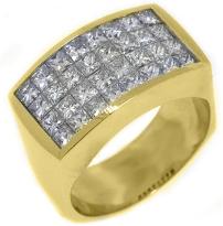 18k Yellow Gold Mens Invisible Princess Cut Diamond Ring 3.68 Carats