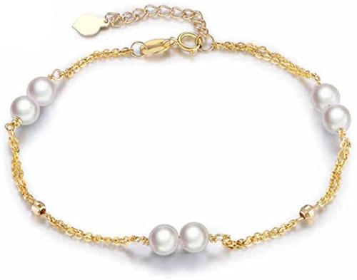 Natural Akoya Cultured Pearl Solid 14k Yellow Gold Women Bracelet Bangle Infinity Thin Chain 5mm Round