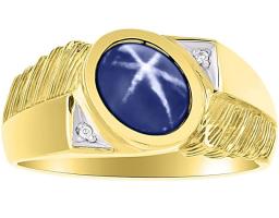 Mens Classic Oval Blue Star Sapphire & Diamond Ring Set in Yellow Gold Plated Silver