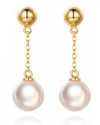 Akoya Cultured Freshwater White Pearl Solid 14k Yellow Gold Women Dangle Drop Stud Earrings 7.5mm Round