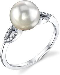 14K Gold 8-8.5mm Round Genuine White Akoya Cultured Pearl and Diamond Callie Ring for Women