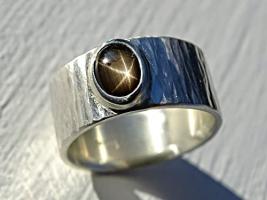 Black Star Sapphire Mens Hammered Rustic Ring Silver