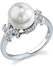 14K Gold 8.5-9mm Round Genuine White Akoya Cultured Pearl & Diamond Crown Ring for Women