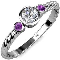 Diamond (SI2, G) and Amethyst Three Stone Rope Ring 0.70 ct tw in 14K White Gold