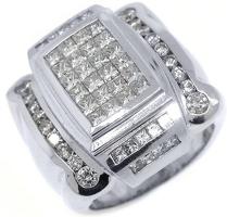 18k White Gold Mens Invisible Princess Cut Diamond Ring 3.41 Carats