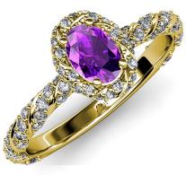 Oval Amethyst and Diamond (SI1, G) Halo Engagement Ring 1.50 ct tw in 14K Yellow Gold