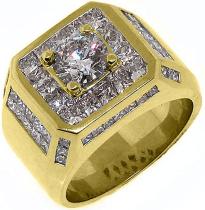 14k Yellow Gold Mens Invisible Set Princess and Round Diamond Ring 4.63 Carats