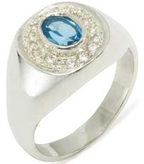18k White Gold Natural Blue Topaz and Cubic Zirconia Mens Signet Ring