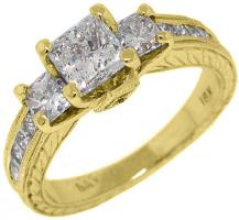 18k Yellow Gold 2.29 Carats Princess Cut Past Present Future 3 Stone Diamond Ring