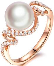 8mm Akoya Freshwater Cultured White Pearl Solid 14k Rose Gold Diamond Antique Engagement Ring