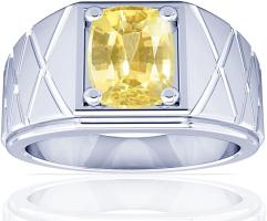 14K White Gold Cushion Cut Yellow Sapphire Mens Ring