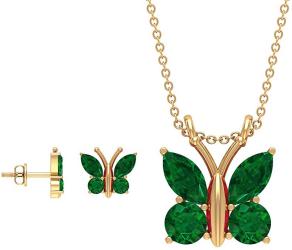 3.64 CT Emerald Earring and Necklace, Butterfly Jewelry Set Yellow Gold