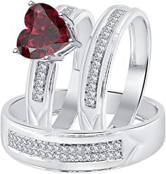 Heart Shaped 2.80 cttw Red Garnet and White CZ Diamond 14k White Gold Plated Engagement Ring Trio Bridal Set for Him and Her