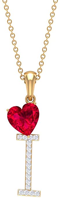 1.6 CT Ruby and Moissanite Letter I Pendant 18K Yellow Gold Alphabet Jewelry