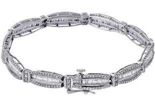 10K White Gold Ladies Baguette Diamond Fashion Designer Link Bracelet 3 Ct