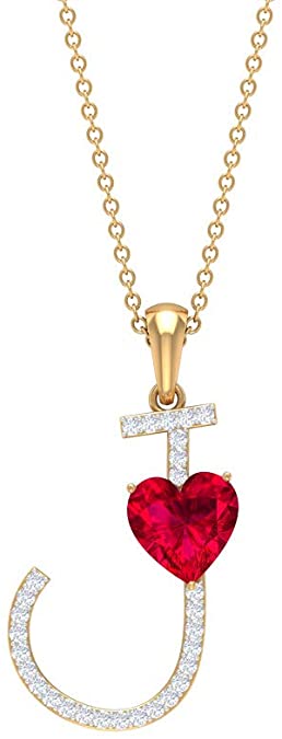 1.78 CT Ruby and Moissanite Letter J Pendant 18K Yellow Gold Alphabet Jewelry