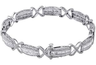 10K White Gold Round & Baguette Diamond Bracelet 7 Inches Infinity Shape Link 3 Ct