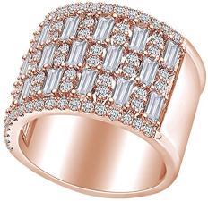 Carat (cttw) Round and Baguette Shape White Natural Diamond Band Ring 18k Solid Rose Gold