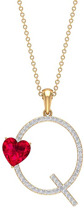 1.6 CT Ruby and Moissanite Letter Q Pendant 18K Yellow Gold Alphabet Jewelry
