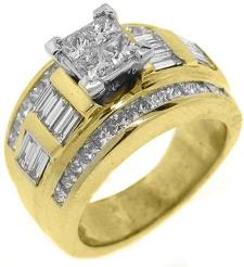 14k Yellow Gold Invisible Princess and Baguette Diamond Engagement Ring 2.08 Carats