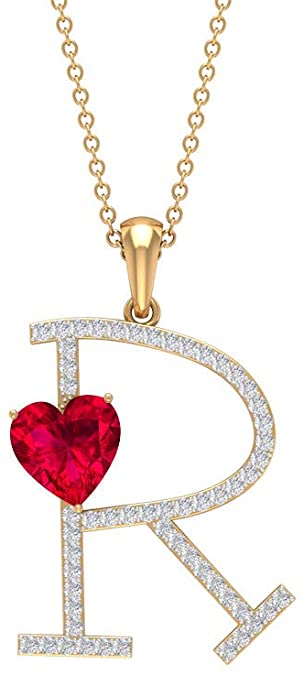 1.6 CT Ruby and Moissanite Letter R Pendant 18K Yellow Gold Alphabet Jewelry
