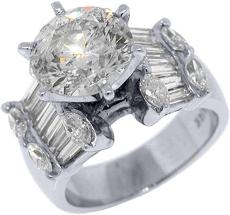 14k White Gold 5.45 Carats Round and Baguette Diamond Engagement Ring
