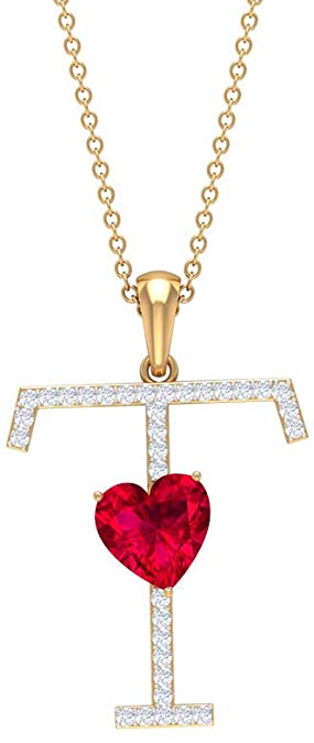 1.6 CT Ruby and Moissanite Letter T Pendant 18K Yellow Gold Alphabet Jewelry