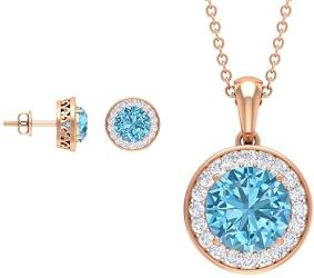 Custom 5.13 CT Blue and White Jewelry Set, Round Cut Aquamarine Necklace and Earring 18K Rose Gold 