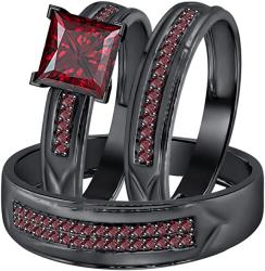 Princess Cut Red Garnet 14k Black Gold Plated Wedding Trio Ring Set for Him & Her