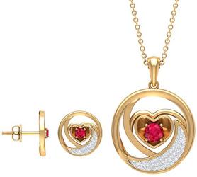 Ruby and Diamond Jewelry 0.81 CT, Heart Shaped Jewelry, Gold Pendant and Earring Set