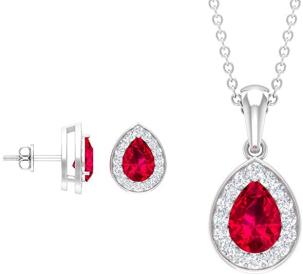 2.25 CT Pear Shape Ruby Pendant With Diamond Halo And Red Gemstone Stud Earrings in 18K White Gold