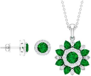 Emerald and Diamond Jewelry 3.54 CT Floral Jewelry Gold Pendant Set with Earrings 18K White Gold