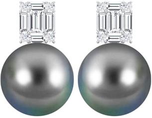 Diamond and Pearl Drop Earrings 15.84 CT, Gold Statement Earrings (10 MM Round Black Tahitian Pearl), Screw back