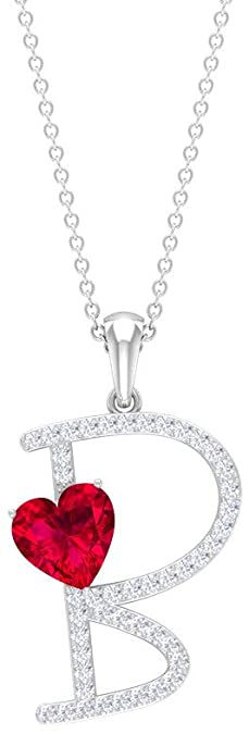 1.6 CT Ruby and Moissanite Letter B Pendant 18K White Gold Alphabet Jewelry