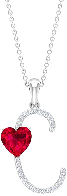 1.6 CT Ruby and Moissanite Letter C Pendant 18K White Gold Alphabet Jewelry