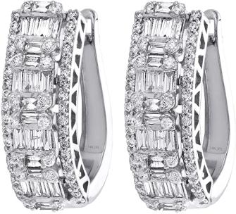 14K White Gold Round and Baguette Diamond Mystery Set Oval Hoop Earrings 1.37 Ct
