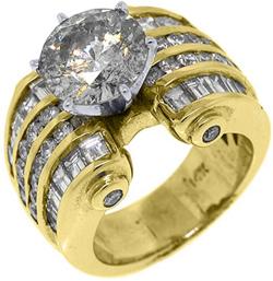 14k Yellow Gold 6.74 Carats Round and Baguette Cut Diamond Engagement Ring