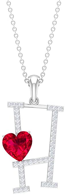 1.6 CT Ruby and Moissanite Letter H Pendant 14K White Gold Alphabet Jewelry