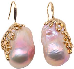 Huge purple baroque pearl earrings 18K south sea dangler natural AAA Mesmerizing 