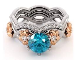 Blue Diamond Engagement Ring Set 14K White & Rose Gold Ring Flower Engagement Ring