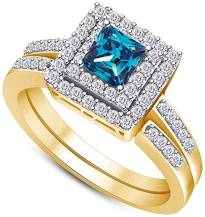 14kt Solid Gold Womens Princess Blue Color Enhanced Natural Diamond Square Halo Bridal Wedding Engagement Ring Band Set