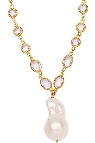 925 Sterling Silver 14k Gold Plated White Topaz Dangle White Baroque Pearl Necklace 18 Inch