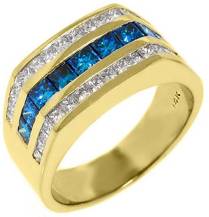 14k Yellow Gold Mens Princess Cut Blue Diamond Ring 2.62 Carats