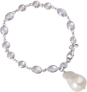 925 Sterling Silver Rhodium Plated White Topaz Dangle White Baroque Pearl Bracelet 7.25 Inch Jewelry Gifts for Women